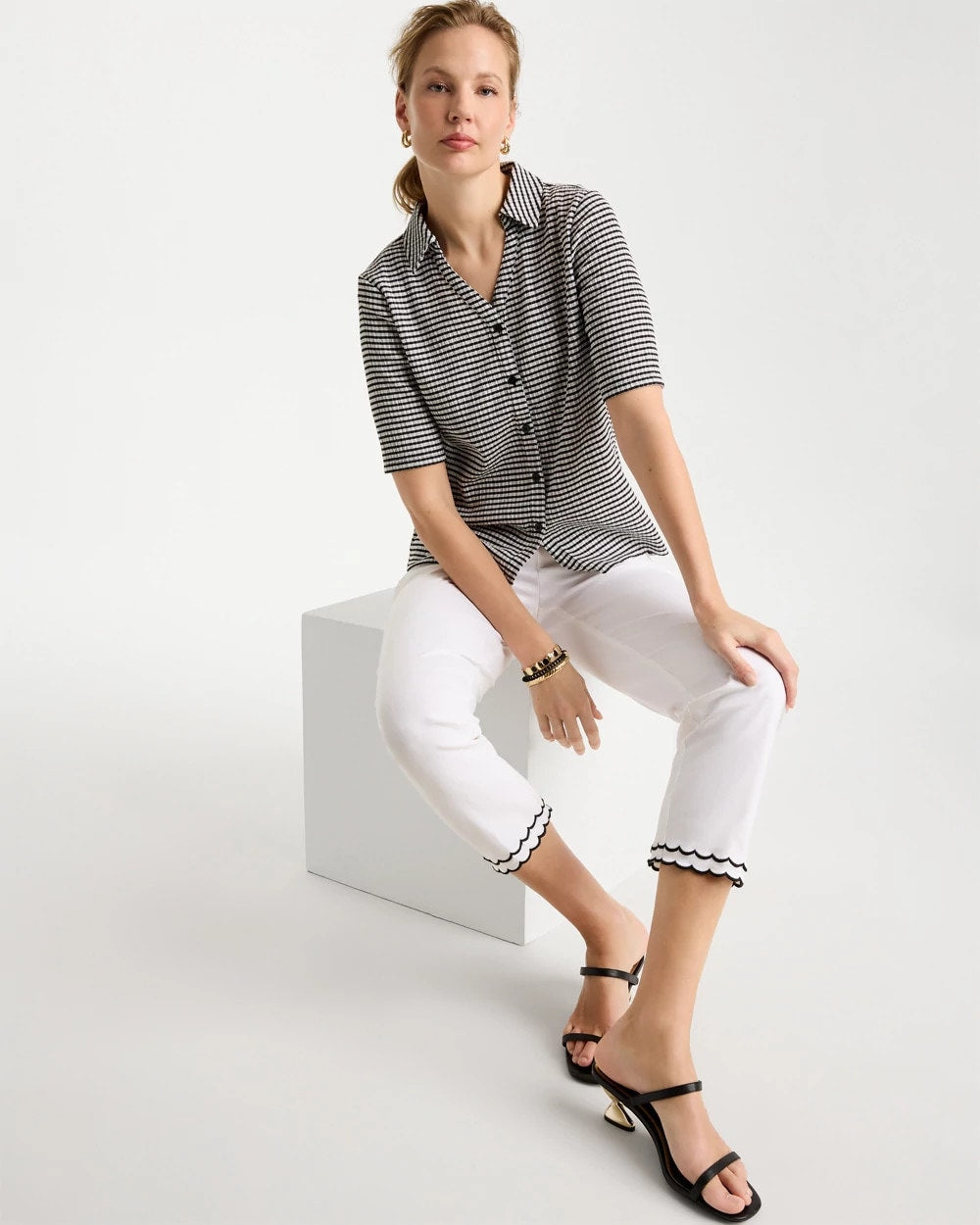 Chico's Gingham Textured Camp Tee Black