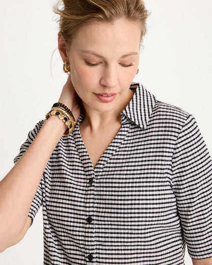Chico's Gingham Textured Camp Tee Black