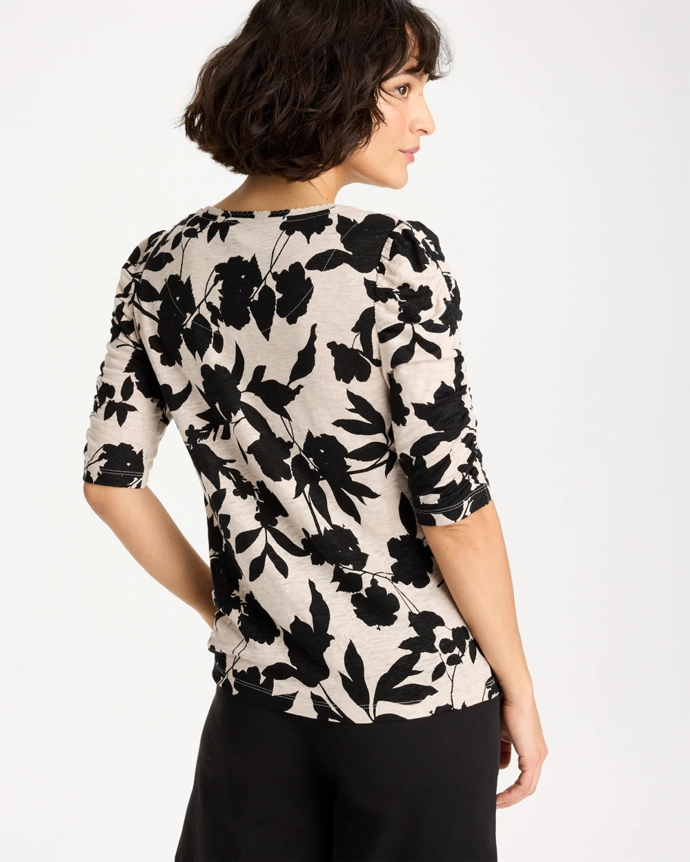 Chico's Flora Linen Ruched Sleeve Tee Black
