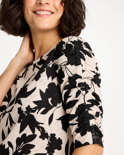 Chico's Flora Linen Ruched Sleeve Tee Black