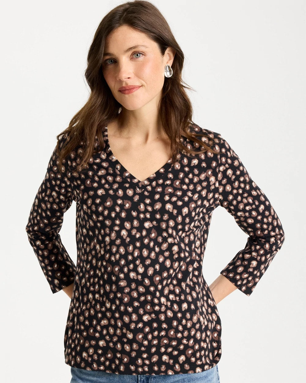 Chico's Cotton Stretch 3/4 Sleeve Polka Dot Tee Black