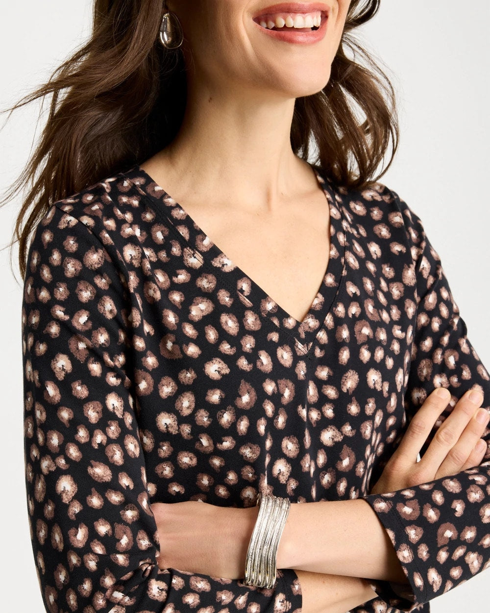 Chico's Cotton Stretch 3/4 Sleeve Polka Dot Tee Black