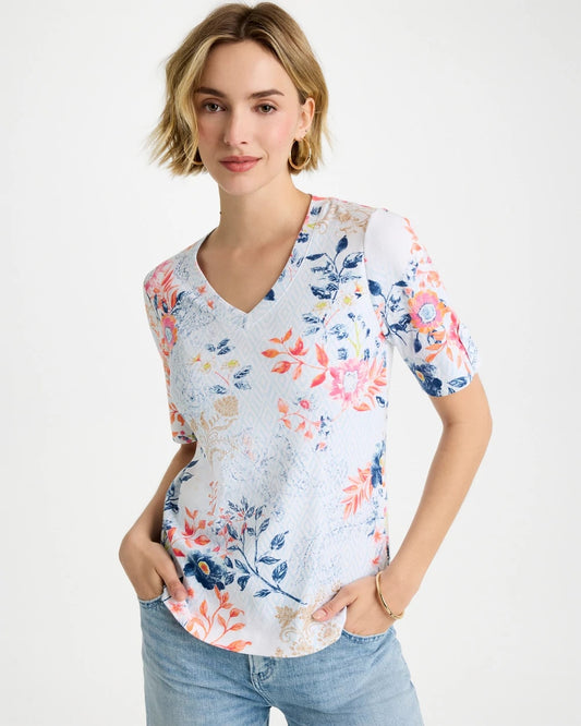 Chico's Pima Floral Elbow Sleeve Tee Calypso Coral