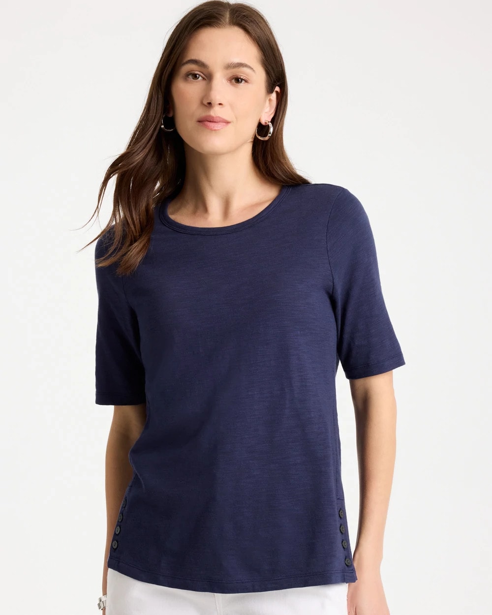 Chico's Cotton Slub Crewneck Button Tee Passport Blue