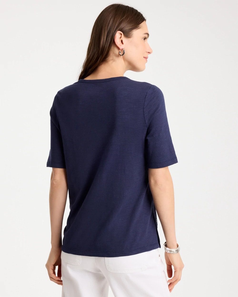 Chico's Cotton Slub Crewneck Button Tee Passport Blue