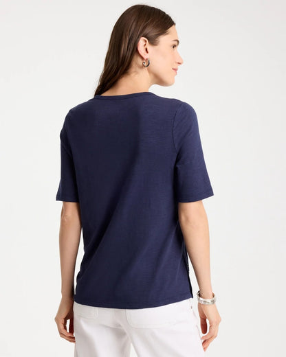 Chico's Cotton Slub Crewneck Button Tee Passport Blue