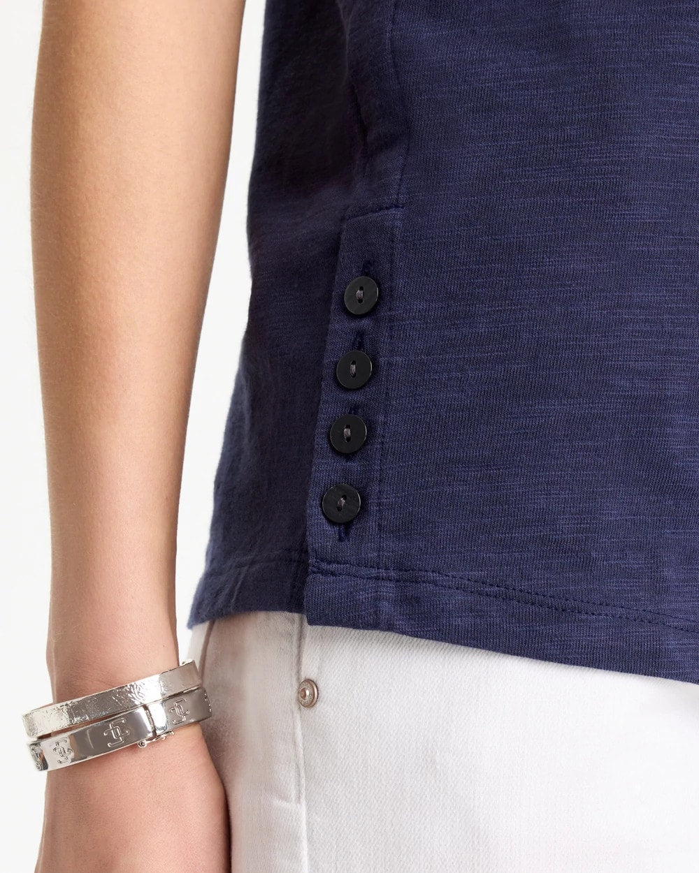 Chico's Cotton Slub Crewneck Button Tee Passport Blue