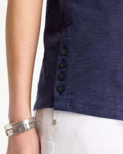 Chico's Cotton Slub Crewneck Button Tee Passport Blue