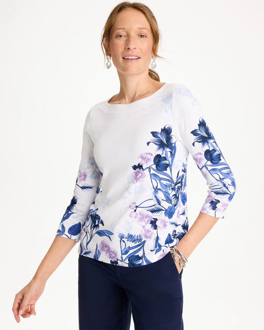 Chico's Printed Pima 3/4 Sleeve Tee Passport Blue
