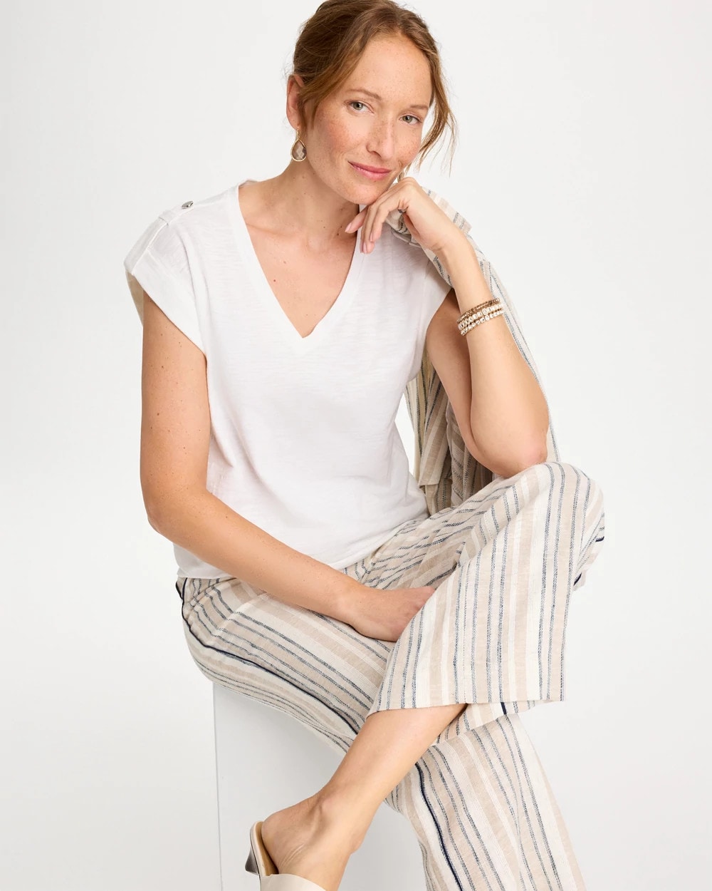 Chico's Cotton Slub Epaulette Tee Alabaster
