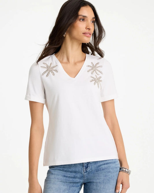 Chico's Cotton Stretch Palm Sequin Tee Alabaster