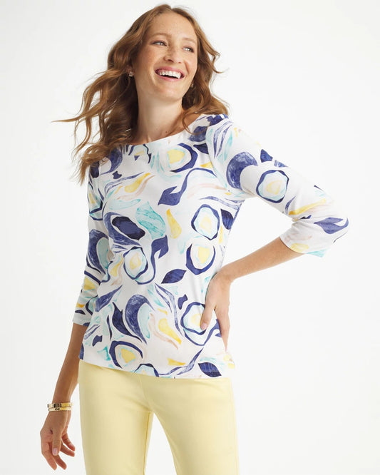Chico's Abstract Pima 3/4 Sleeve Tee Passport Blue
