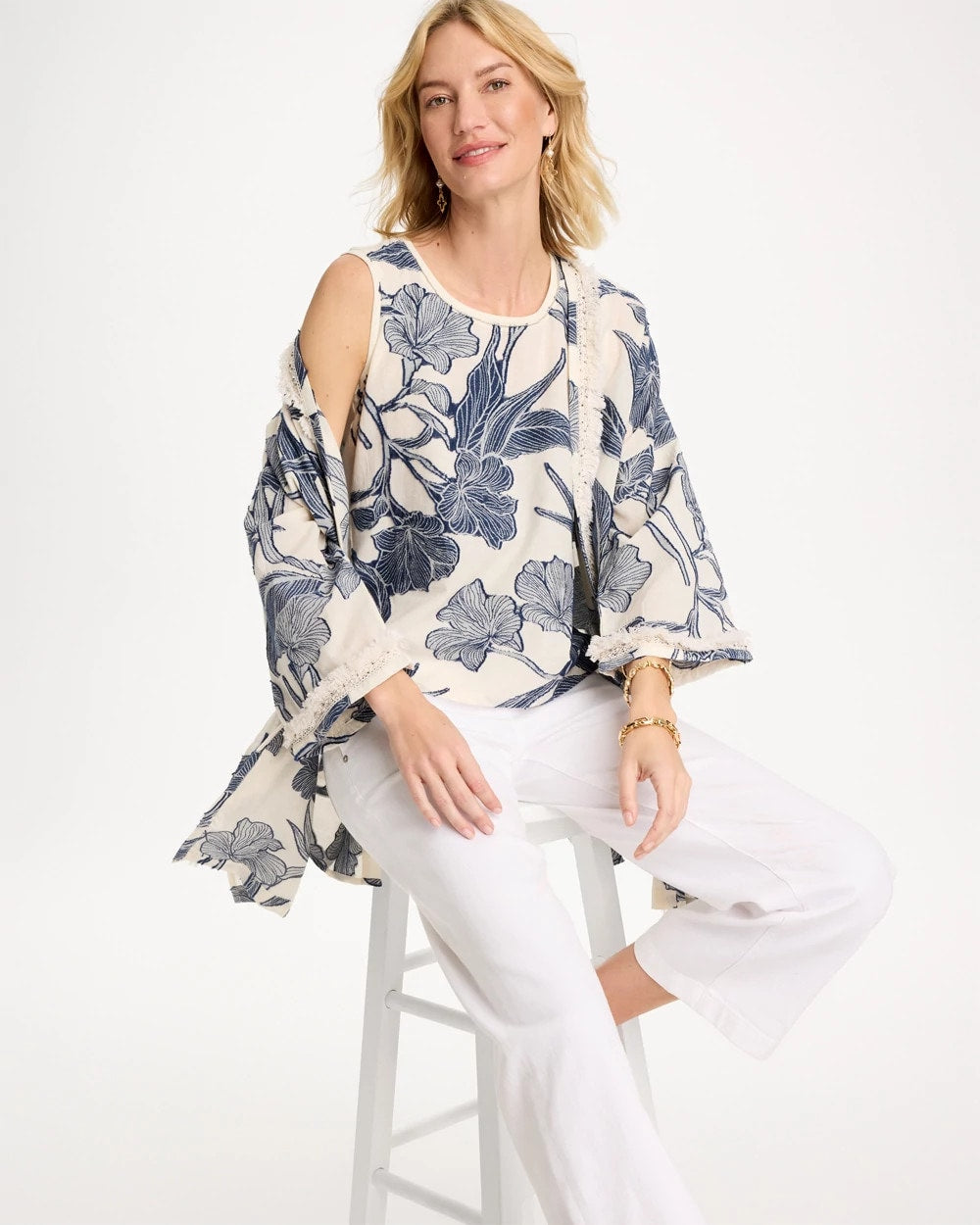 Chico's Caviar Trim Floral Tank Ecru
