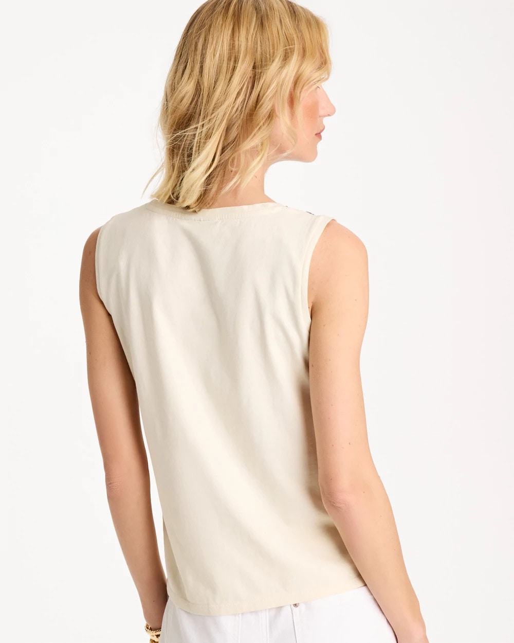 Chico's Caviar Trim Floral Tank Ecru