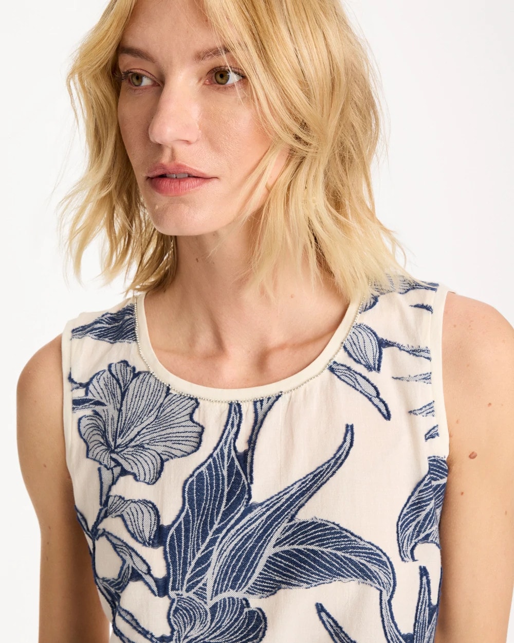 Chico's Caviar Trim Floral Tank Ecru