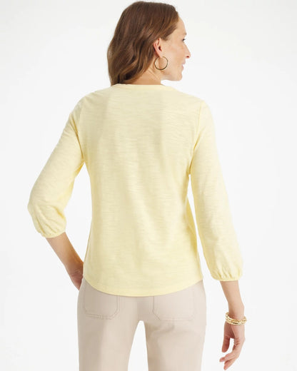 Chico's Puff Sleeve Cotton Slub Henley Tee Golden Haze