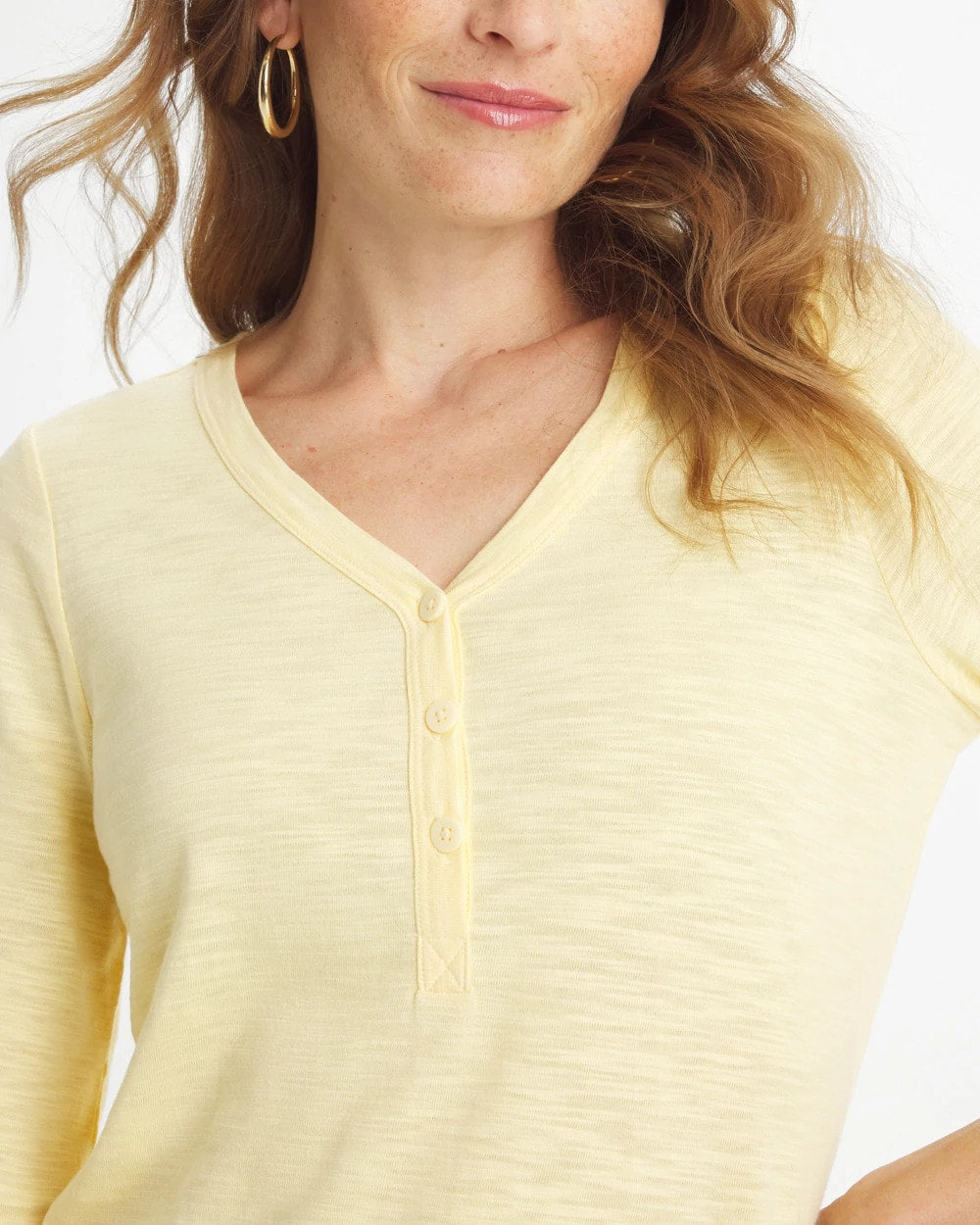 Chico's Puff Sleeve Cotton Slub Henley Tee Golden Haze