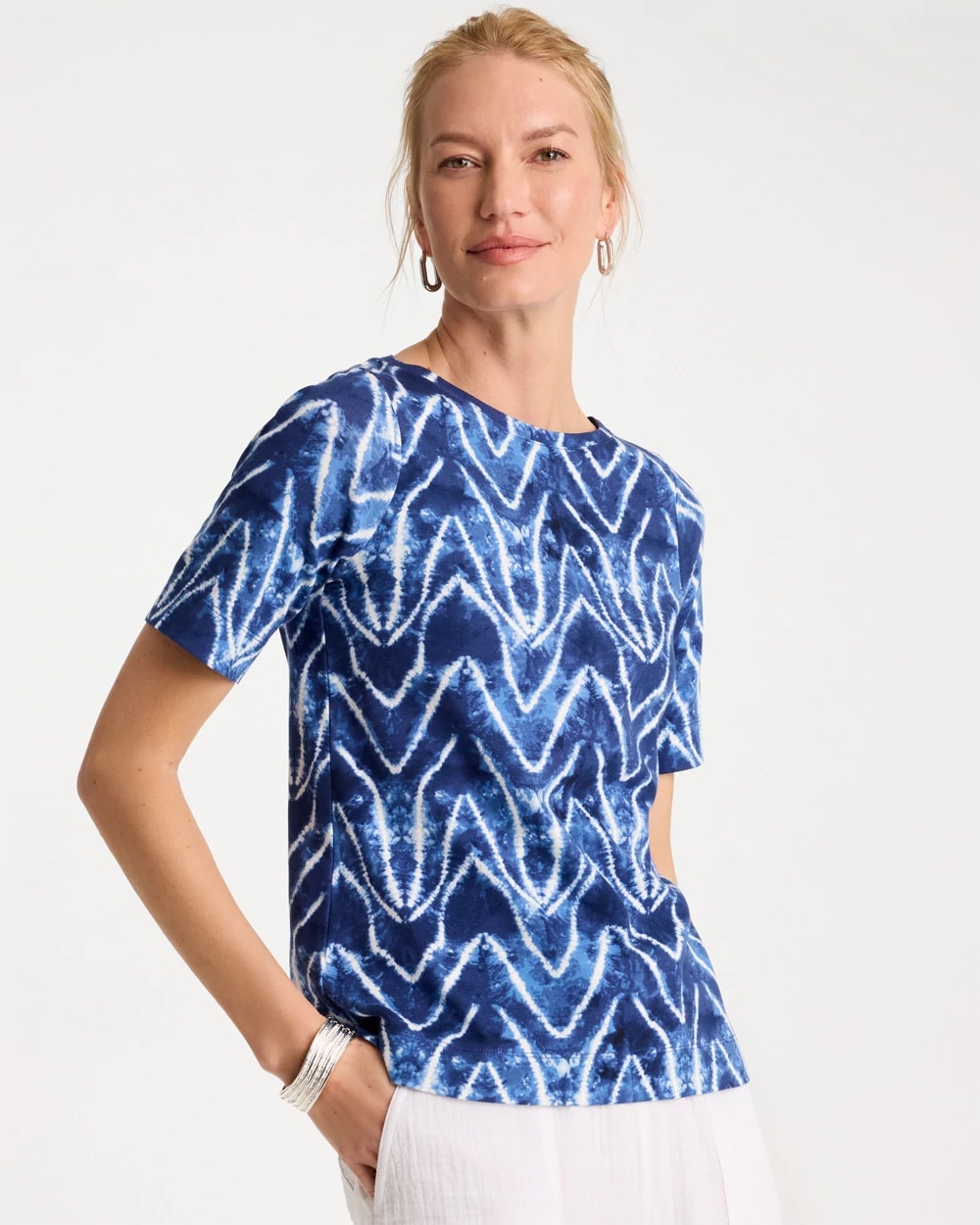 Chico's Tie Dye Chevron Pima Elbow Sleeve Tee Passport Blue