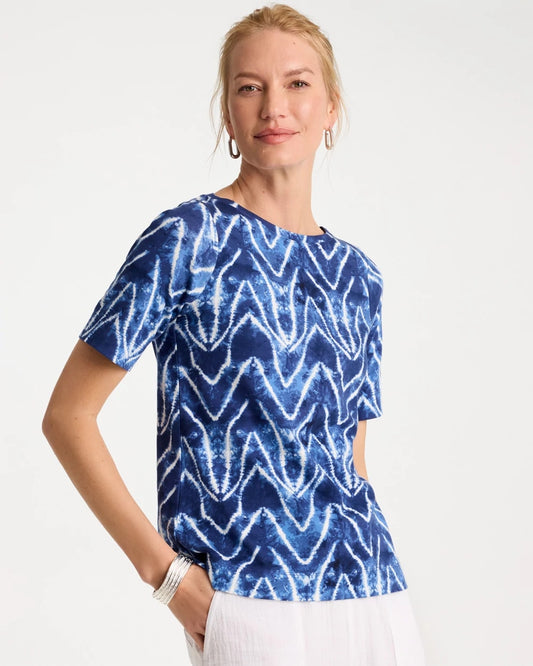 Chico's Tie Dye Chevron Pima Elbow Sleeve Tee Passport Blue