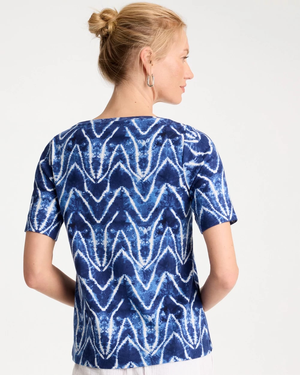 Chico's Tie Dye Chevron Pima Elbow Sleeve Tee Passport Blue