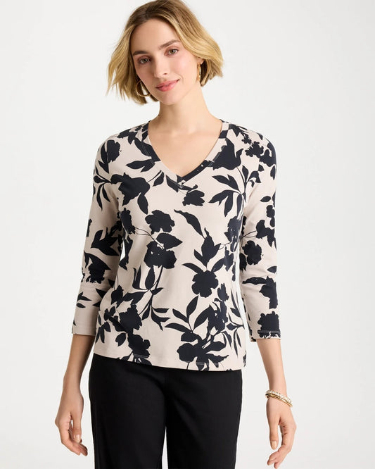Chico's Cotton Stretch 3/4 Sleeve Floral Tee Black