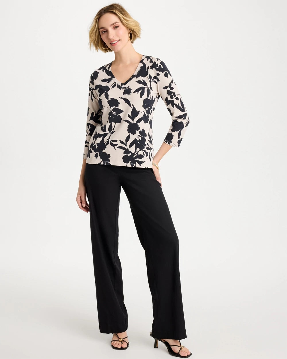 Chico's Cotton Stretch 3/4 Sleeve Floral Tee Black