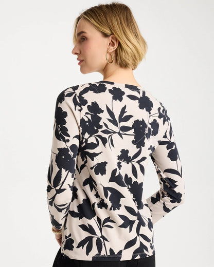 Chico's Cotton Stretch 3/4 Sleeve Floral Tee Black