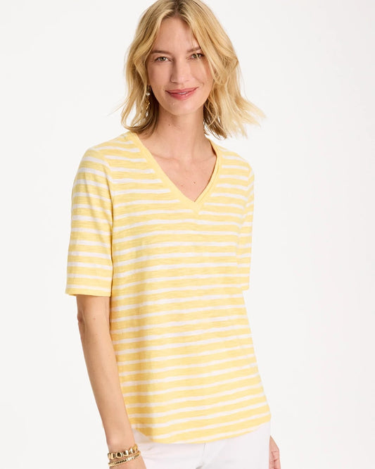 Chico's Striped Cotton Slub V-Neck Tee Golden Haze