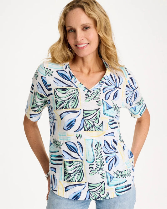 Chico's Palm Cotton Slub V-Neck Tee Green Clover