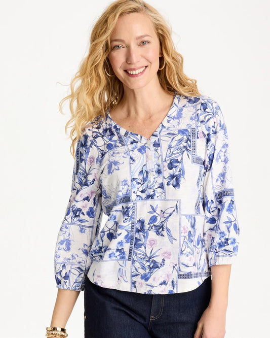 Chico's Elle Puff Sleeve Cotton Slub Henley Tee Passport Blue