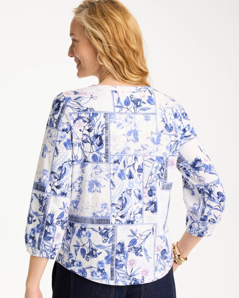 Chico's Elle Puff Sleeve Cotton Slub Henley Tee Passport Blue
