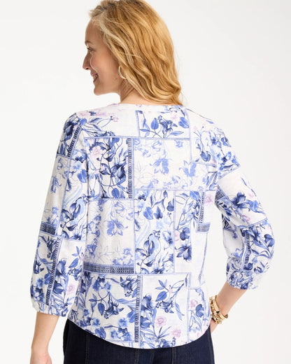 Chico's Elle Puff Sleeve Cotton Slub Henley Tee Passport Blue