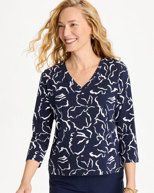 Chico's Maya Cotton Stretch 3/4 Sleeve Tee Passport Blue