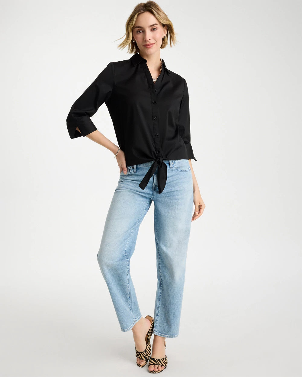 Chico's Poplin Cotton Tie-Front Top Black