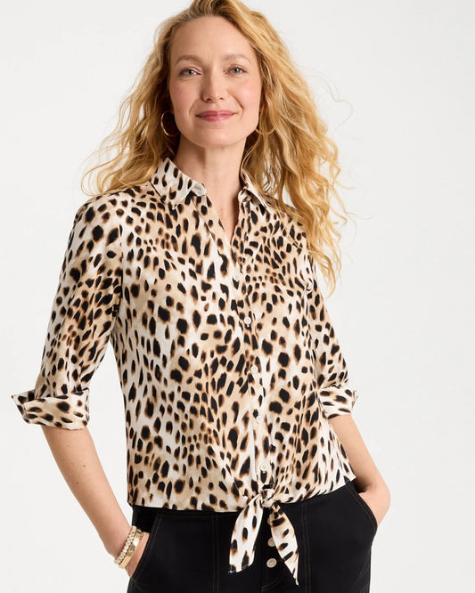 Chico's Poplin Cotton Animal Print Tie-Front Top Black