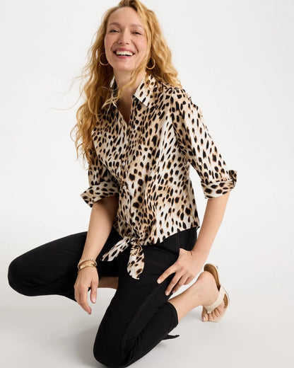 Chico's Poplin Cotton Animal Print Tie-Front Top Black