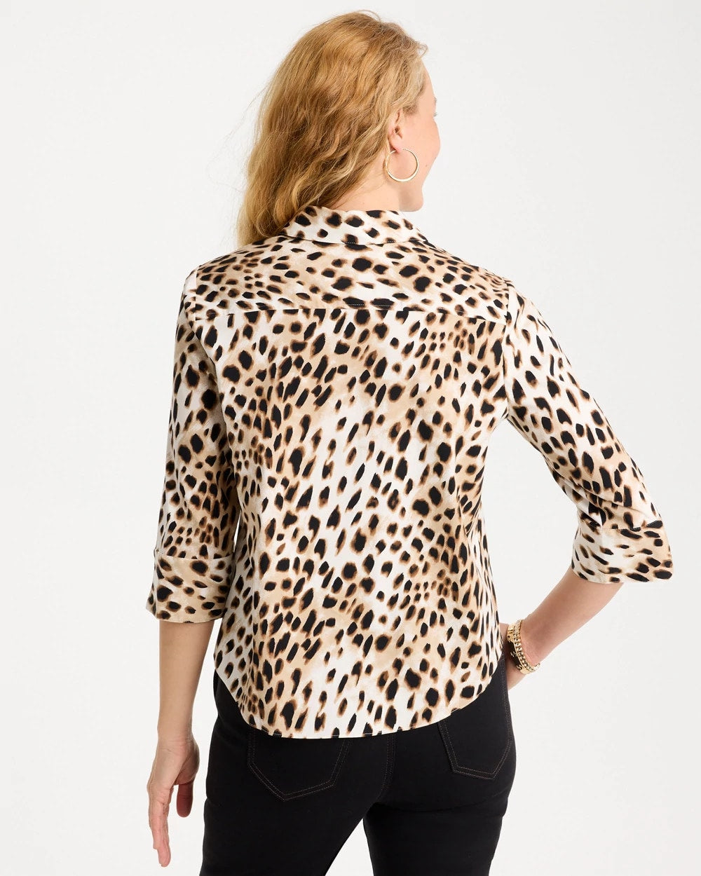 Chico's Poplin Cotton Animal Print Tie-Front Top Black