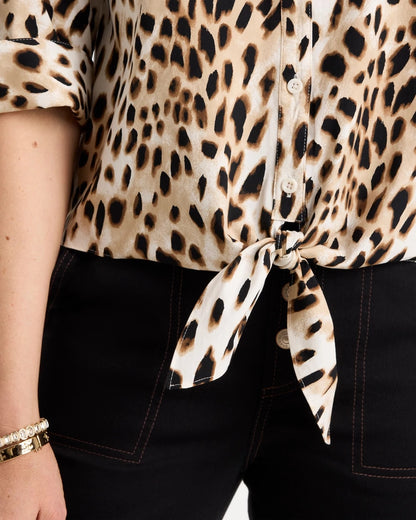 Chico's Poplin Cotton Animal Print Tie-Front Top Black