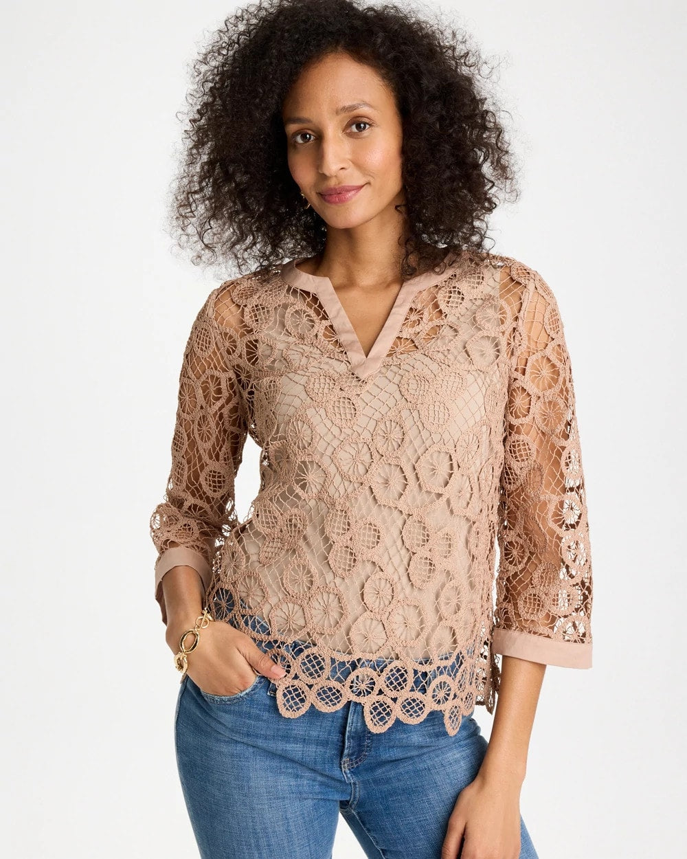 Chico's Mixed-Media Medallion Lace Top Mocha Mousse
