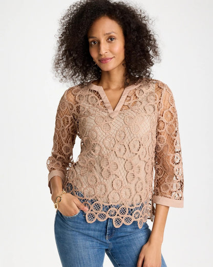 Chico's Mixed-Media Medallion Lace Top Mocha Mousse