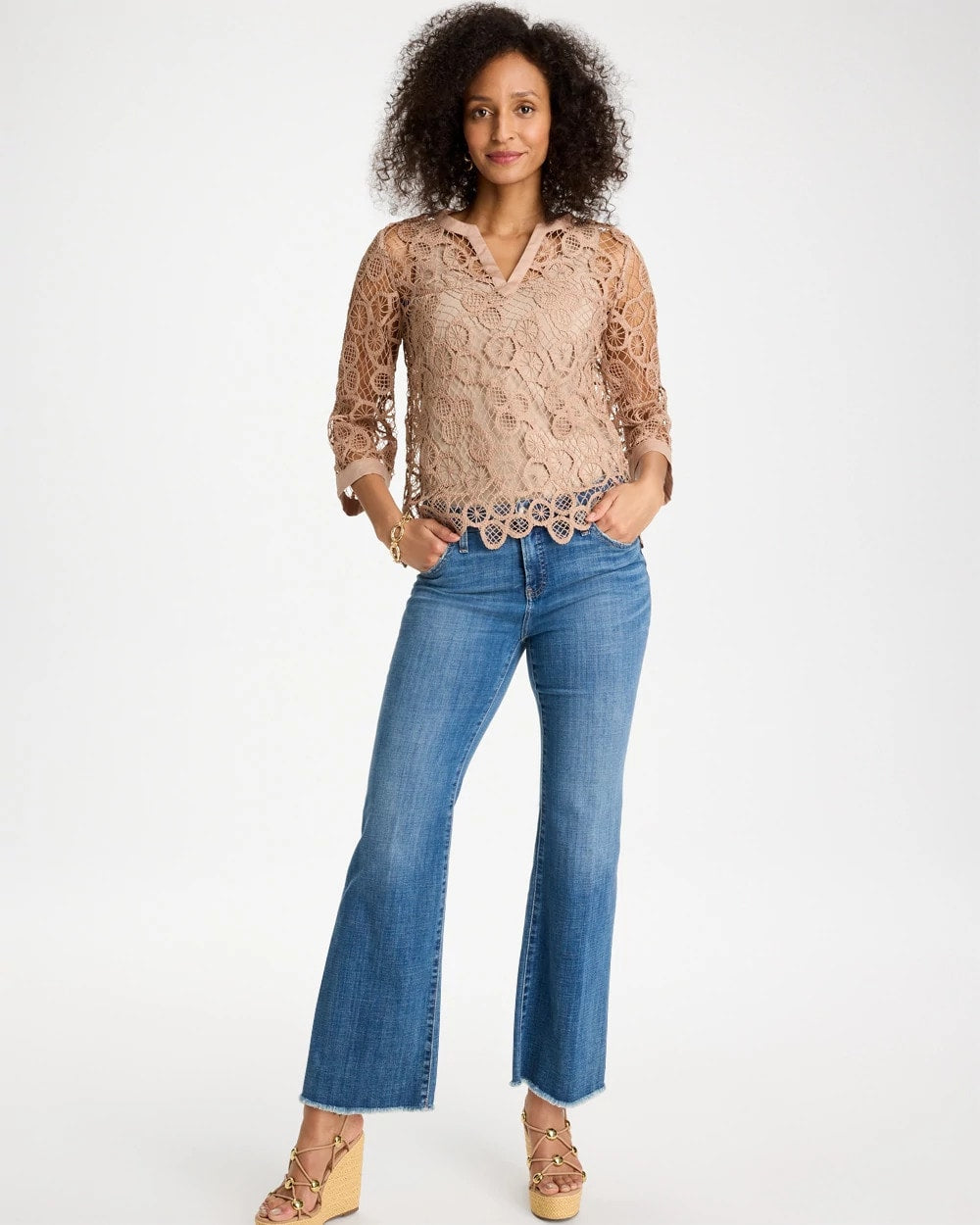 Chico's Mixed-Media Medallion Lace Top Mocha Mousse