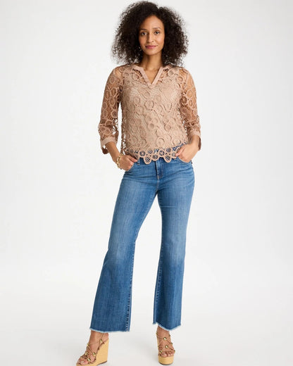 Chico's Mixed-Media Medallion Lace Top Mocha Mousse