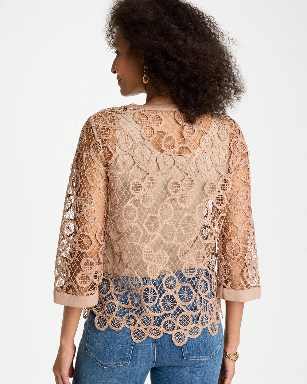 Chico's Mixed-Media Medallion Lace Top Mocha Mousse