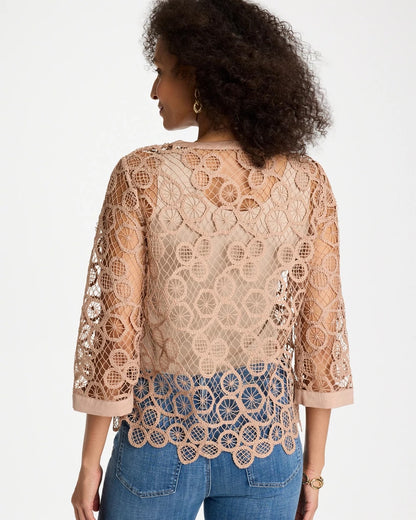 Chico's Mixed-Media Medallion Lace Top Mocha Mousse