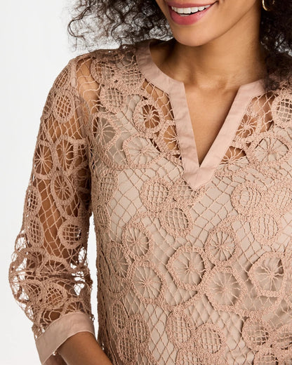 Chico's Mixed-Media Medallion Lace Top Mocha Mousse