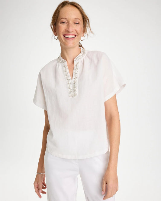 Chico's Linen Embellished Popover Top Alabaster