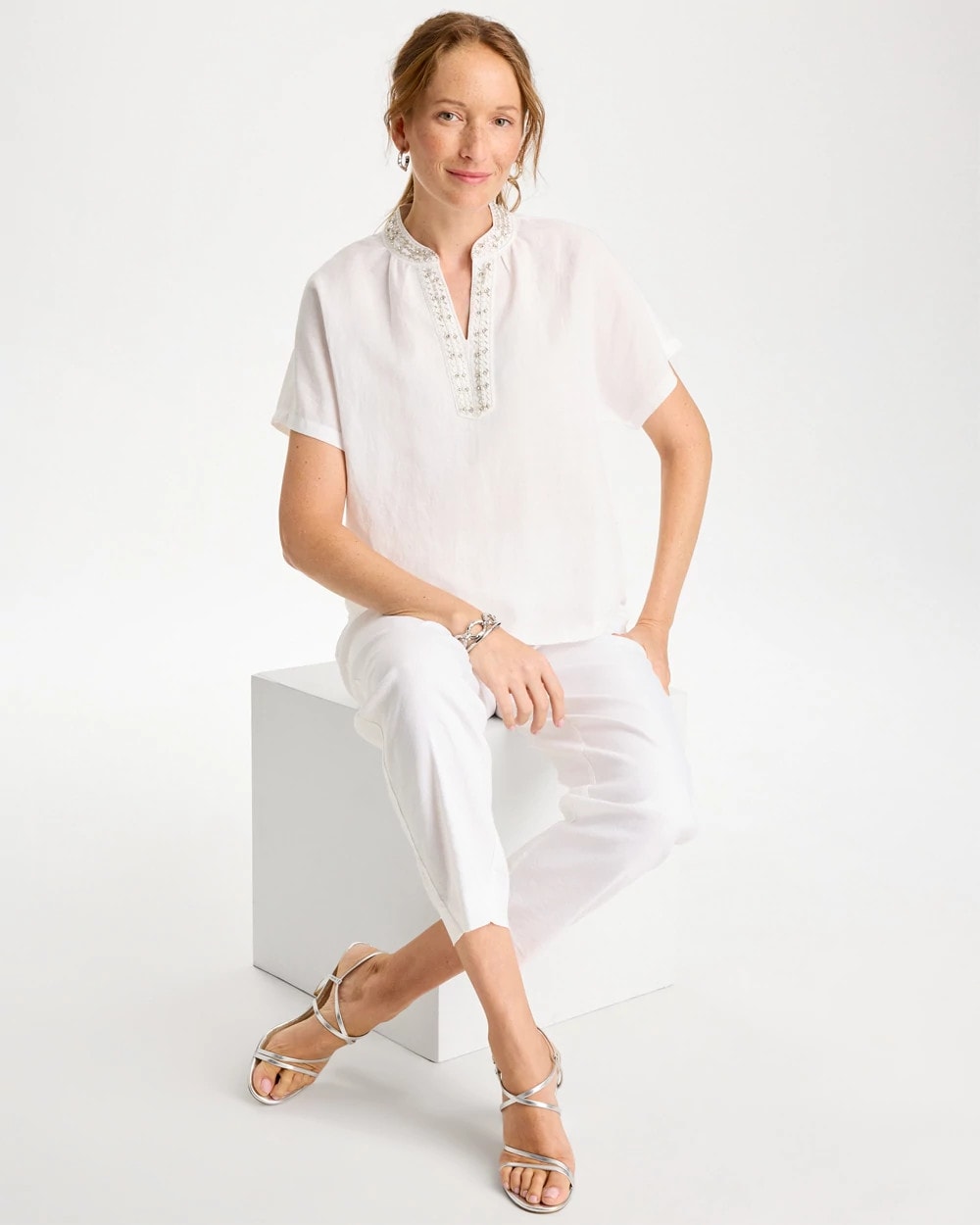 Chico's Linen Embellished Popover Top Alabaster