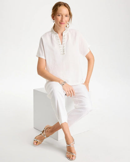 Chico's Linen Embellished Popover Top Alabaster