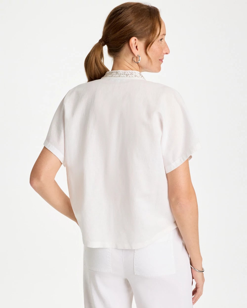 Chico's Linen Embellished Popover Top Alabaster