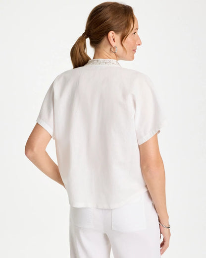 Chico's Linen Embellished Popover Top Alabaster